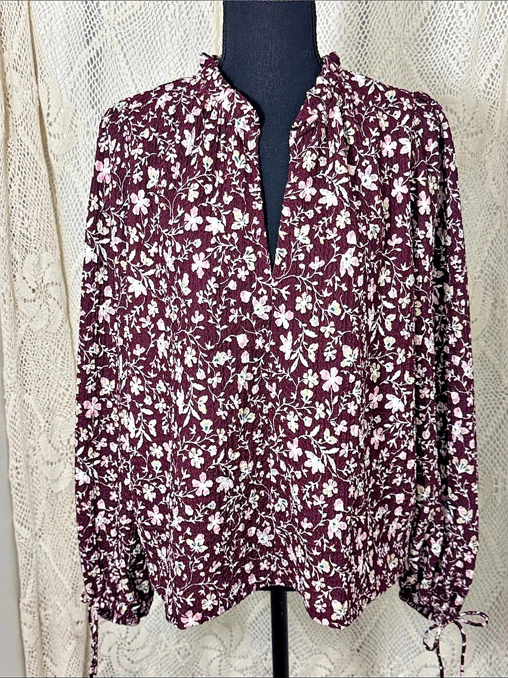 LOFT Floral Ruffle Tie Cuff Blouse Purple & Pink Medium